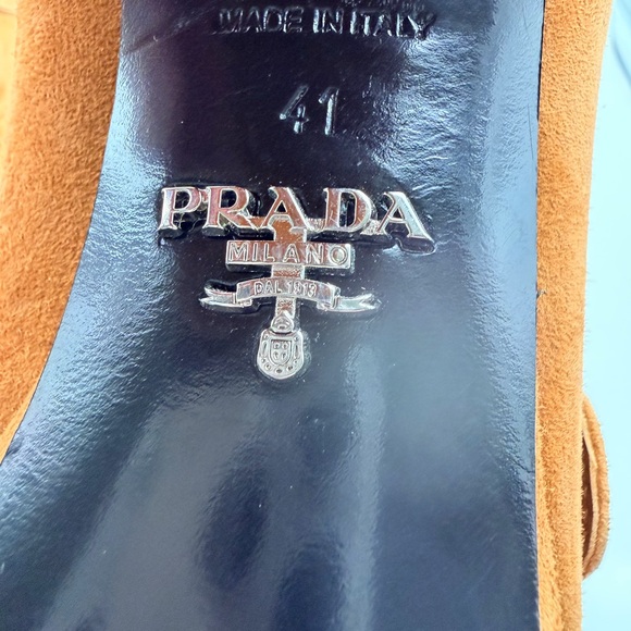 Prada Platform Loafers Suede Cognac Brown Kiltie Fringe Block Heel - Picture 5 of 7